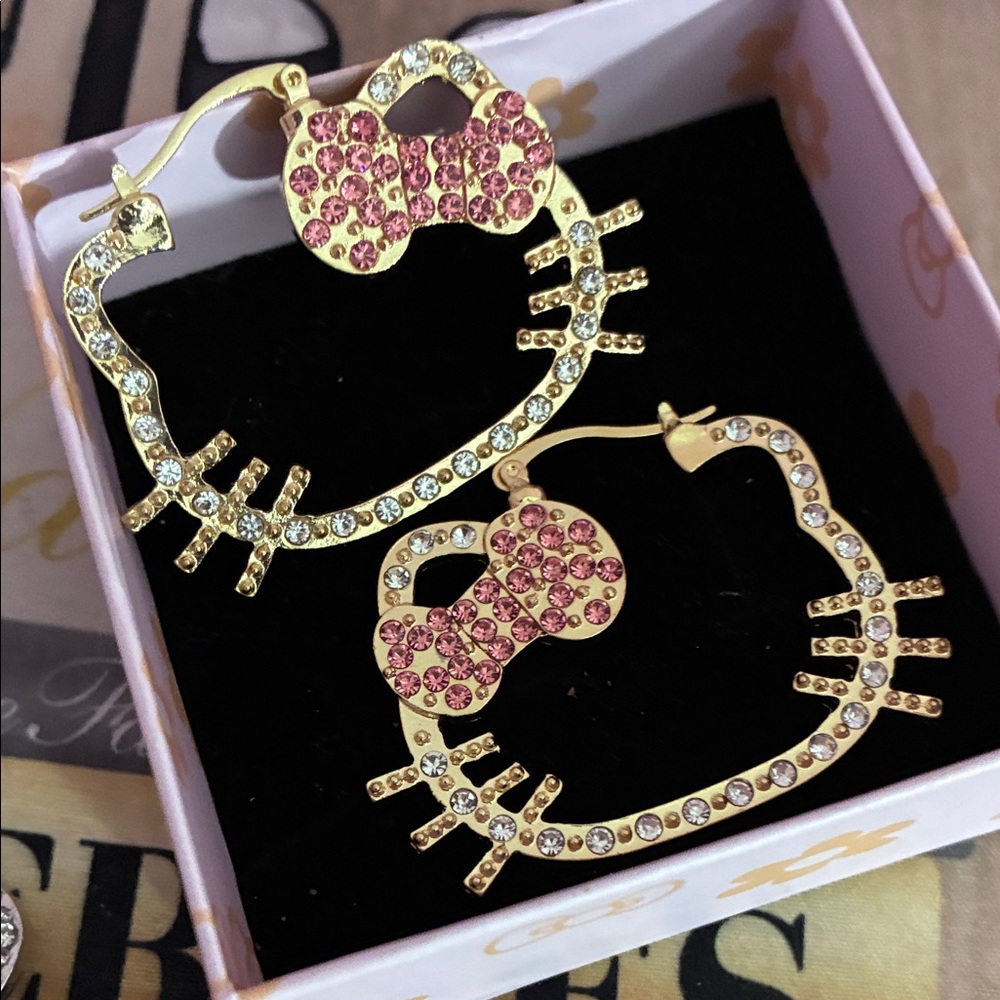 Gold-Tone Hello Kitty Outline Hoop Earrings with Pink Crystal Bows
